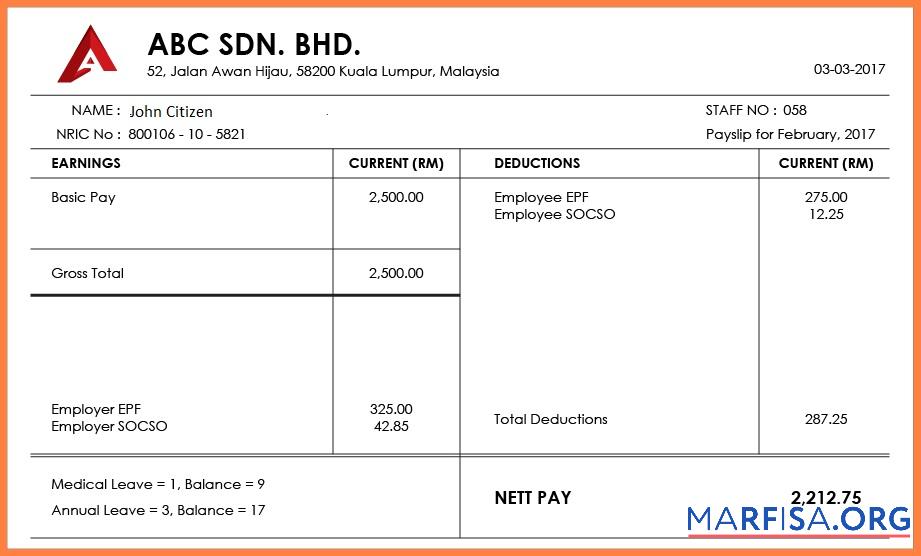 Downloadable Malaysia ABC SDN. BHD. pay stub sample